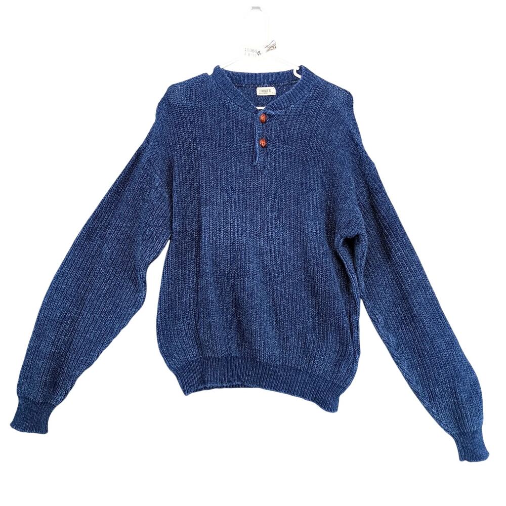 Vtg Tobruk‎ Men's L Navy Blue Sweater 2 Leather Buttons Drop Shoulder Cable Knit